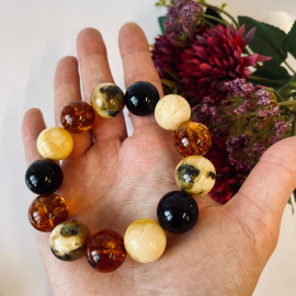 Multicolor Amber Bracelet, Colorful Amber Beaded Jewelry, 17 mm Amber Beads