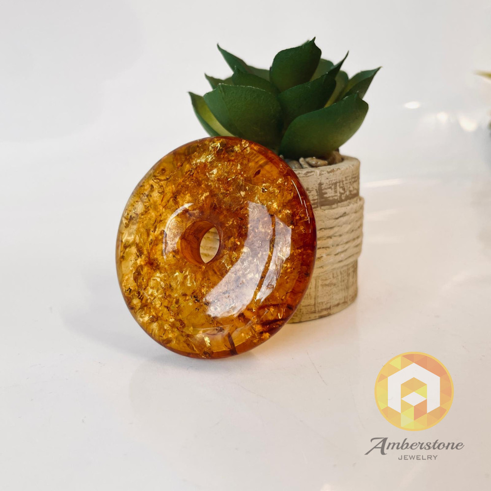 Premium Quality Genuine Baltic Amber Donut Pendant in Yellow Tiger