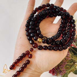 Natural Baltic Amber Buddhist Mala, Cherry Amber Beads with Clear Yellow Spacers, Handmade in Poland