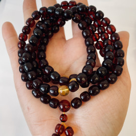 Natural Baltic Amber Buddhist Mala, Cherry Amber Beads with Clear Yellow Spacers, Handmade in Poland
