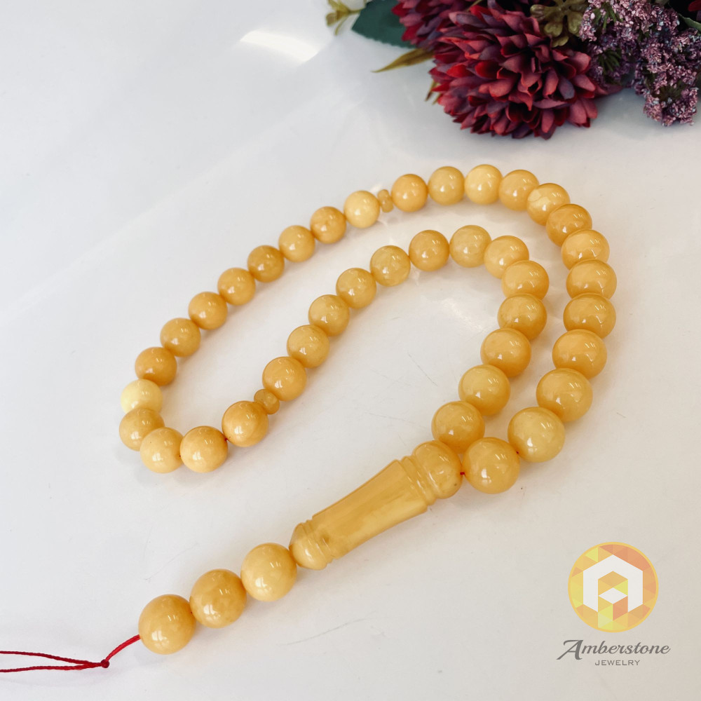 Intense Milky White Misbaha Rosary Pure 45 Baltic Amber Islamic Worry Beads, Butterscotch Islamic Rosary