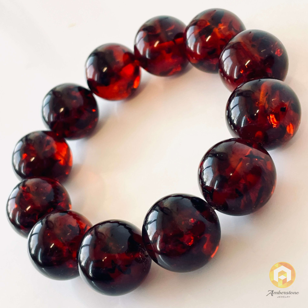 Natural Baltic Amber Cherry Bracelet, 17 mm Beads, Handmade from Poland