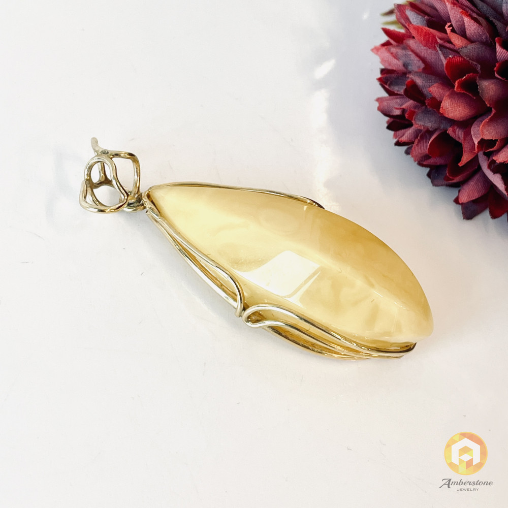 Natural Baltic Amber Pendant, Yellow Amber in Gold Surrounds