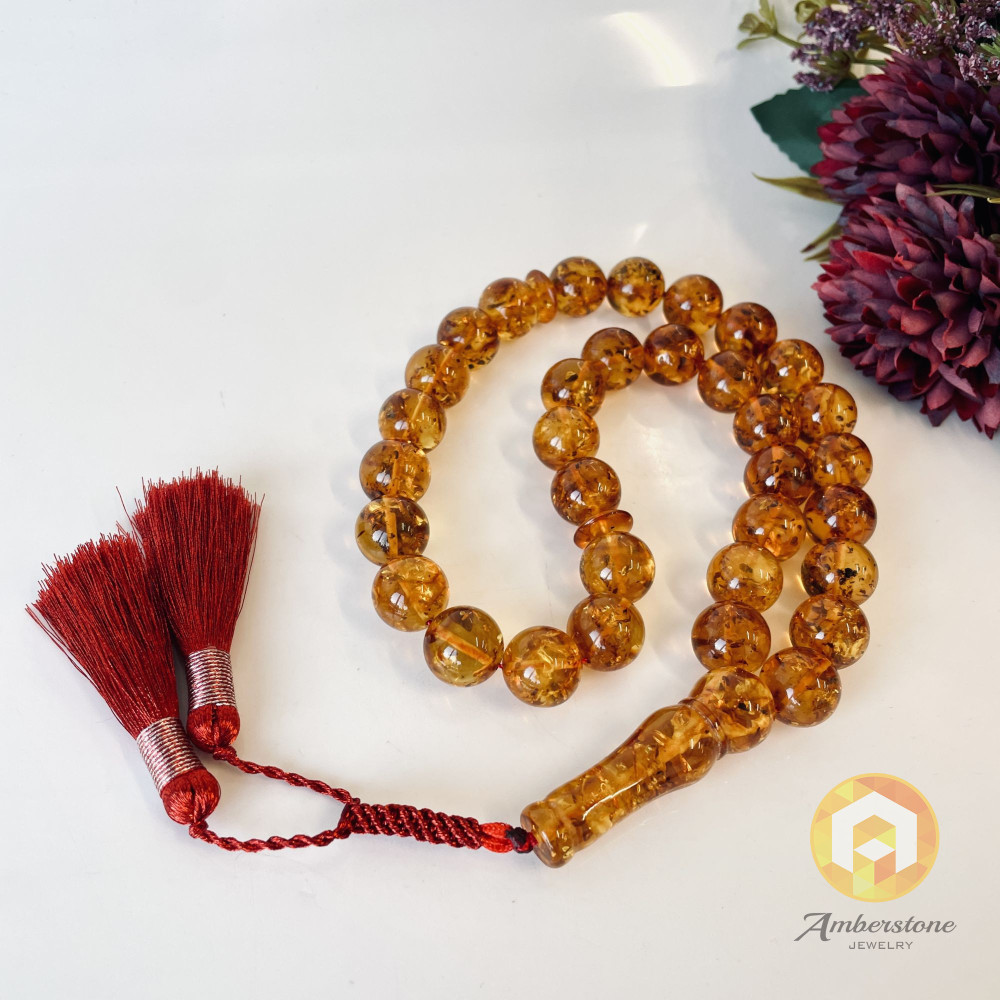Baltic Amber Tespih Cognac With Shell Color Misbaha 33 Beads