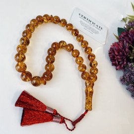 NEW Baltic Amber Tespih Cognac With Shell Color Misbaha 33 Beads