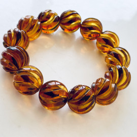Cognac Baltic Amber Bracelet – Hand Carved Natural Amber Beads 16 mm Handmade in Poland