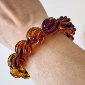 Cognac Baltic Amber Bracelet – Hand Carved Natural Amber Beads 16 mm Handmade in Poland