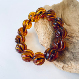 Cognac Baltic Amber Bracelet – Hand Carved Natural Amber Beads 16 mm Handmade in Poland