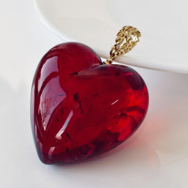 Royal Red Amber Pendant Big Heart with 925 Gold-plated Silver