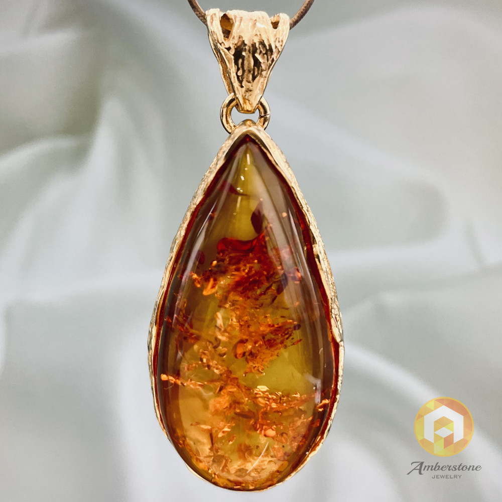 Cognac Baltic Amber Pendant, Natural Amber Gold-Plated 925 Silver Necklace