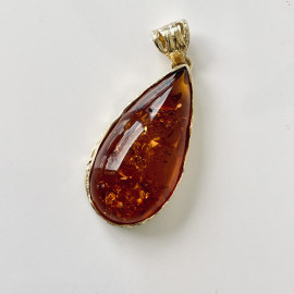 Cognac Baltic Amber Pendant, Natural Amber Gold-Plated 925 Silver Necklace
