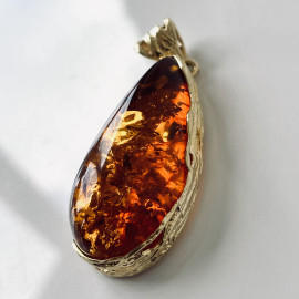 Cognac Baltic Amber Pendant, Natural Amber Gold-Plated 925 Silver Necklace