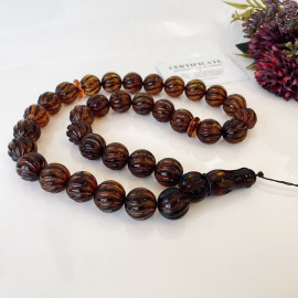 Handcarved Baltic Amber Misbaha, Tea Color Amber Prayer Beads 19mm Natural Amber