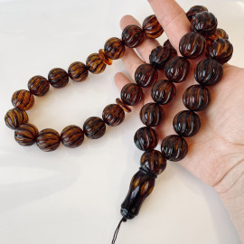 Handcarved Baltic Amber Misbaha, Tea Color Amber Prayer Beads 19mm Natural Amber