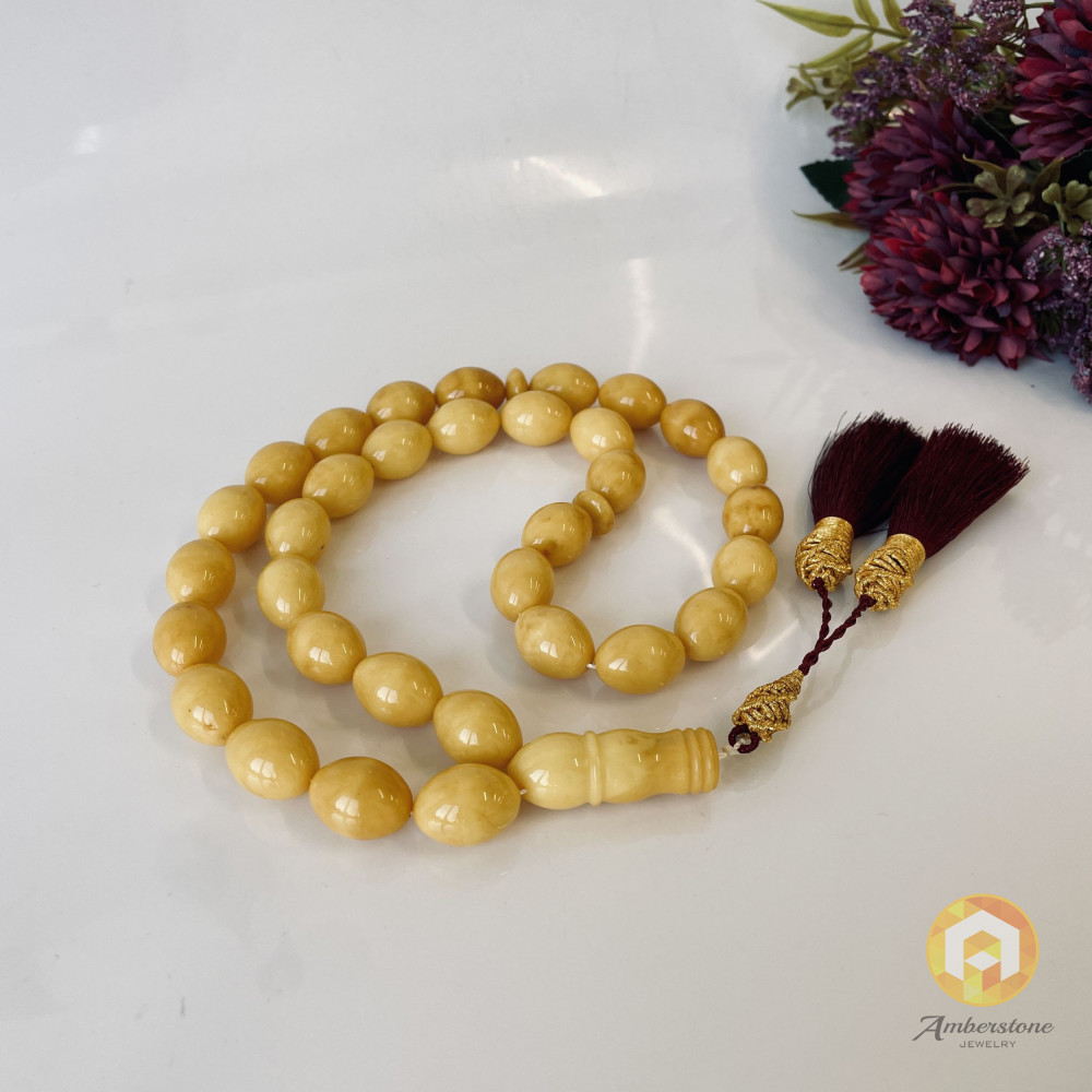 Milky Yellow Baltic Amber Misbaha Prayer, 33 Olive Shape Beads