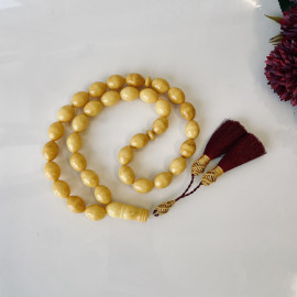 Milky Yellow Baltic Amber Misbaha Prayer, 33 Olive Shape Beads with Cotton Tassel