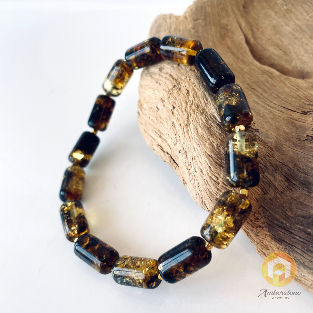 Green and Black Barrel Amber Beads Bracelet