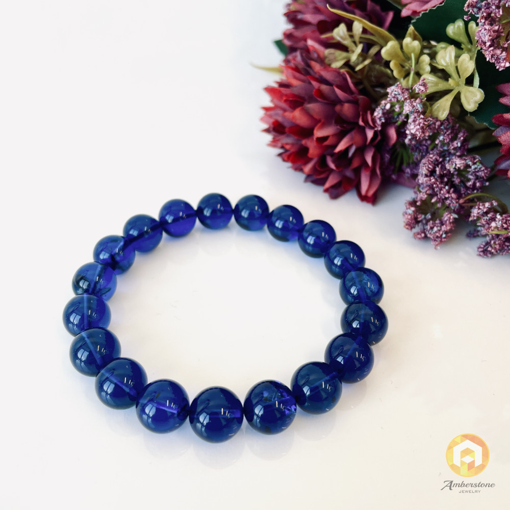 Blue Amber Round Beads, Bracelet in Blue Color