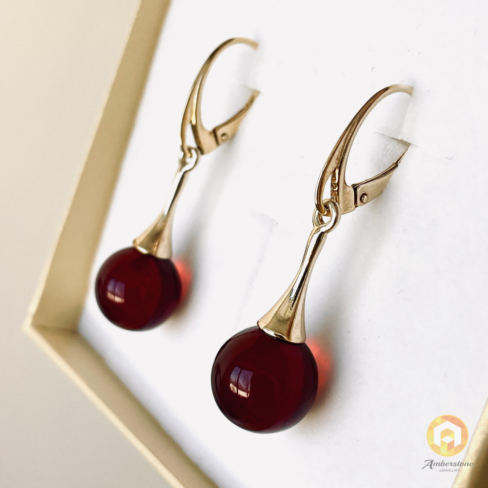Cherry Baltic Amber Earrings, Natural Amber Gold-Plated English Hooks