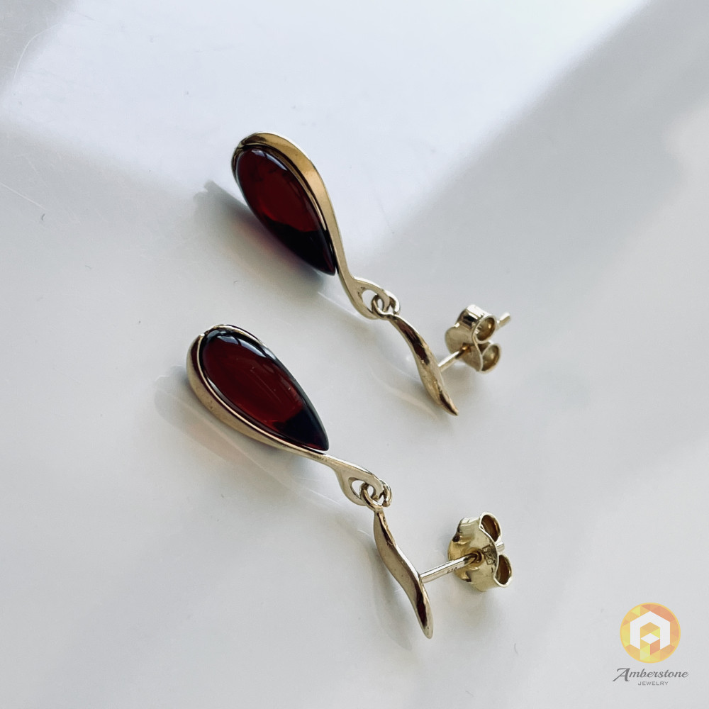 Cherry Baltic Amber Stud Earrings, Natural Amber 925 Silver Gold-Plated Studs