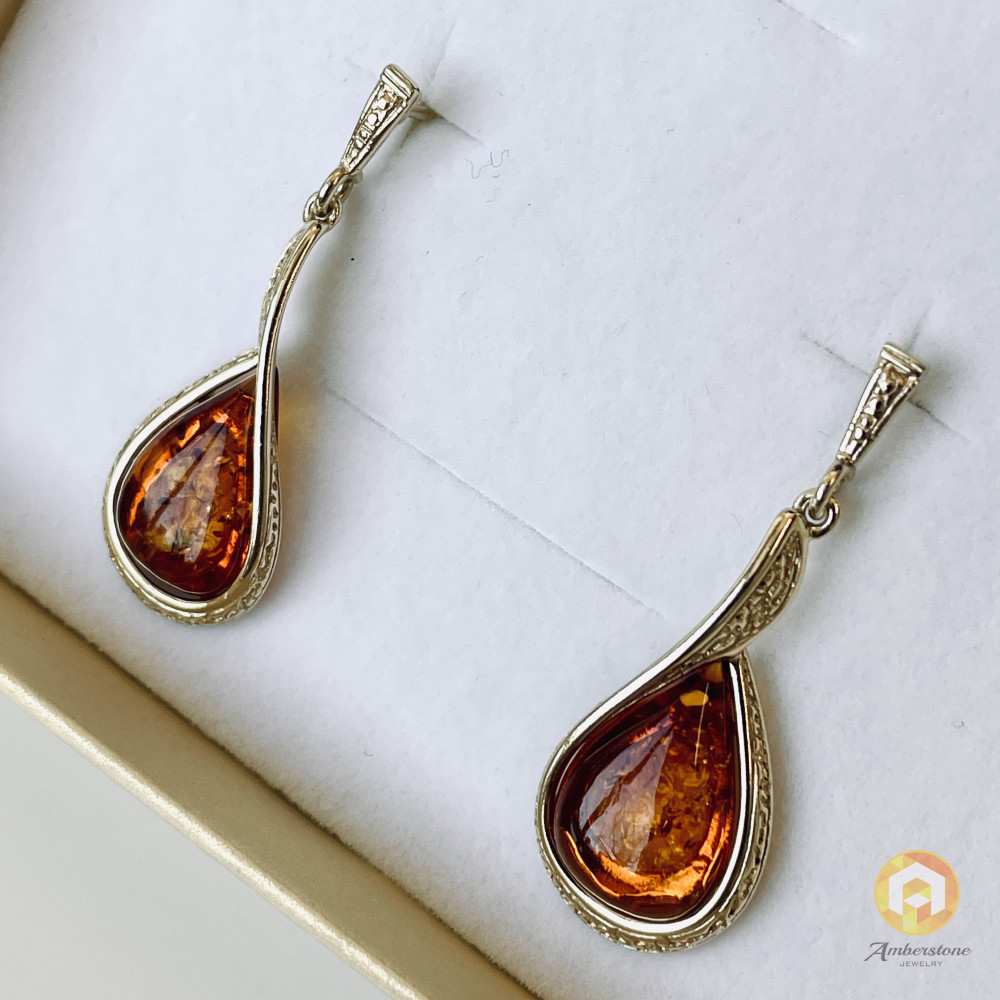Gold Cognac Baltic Amber Stud Earrings, Natural Amber 925 Silver Gold-Plated Studs