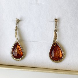 Gold Cognac Baltic Amber Stud Earrings, Natural Amber 925 Silver Gold-Plated Studs