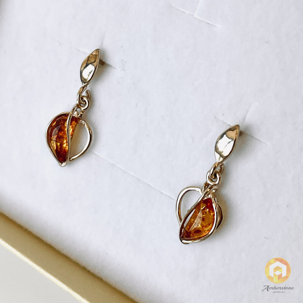 Gold Cognac Baltic Amber Stud Earrings, Natural Amber 925 Silver Gold-Plated Studs