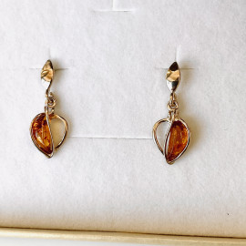 Gold Cognac Baltic Amber Stud Earrings, Natural Amber 925 Silver Gold-Plated Studs