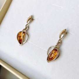 Gold Cognac Baltic Amber Stud Earrings, Natural Amber 925 Silver Gold-Plated Studs