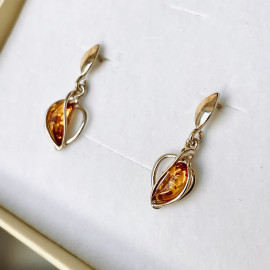 Gold Cognac Baltic Amber Stud Earrings, Natural Amber 925 Silver Gold-Plated Studs