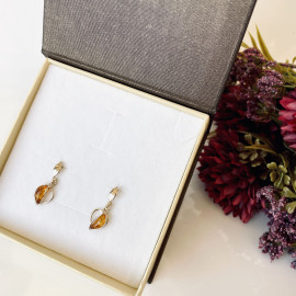 Gold Cognac Baltic Amber Stud Earrings, Natural Amber 925 Silver Gold-Plated Studs