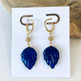 Blue Amber Earrings, Natural Amber Gold-Plated English Hooks