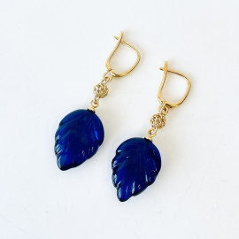 Blue Amber Earrings, Natural Amber Gold-Plated English Hooks
