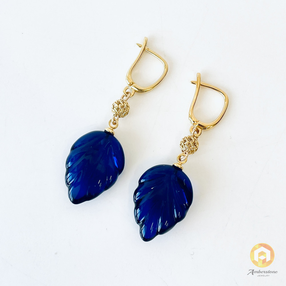 Blue Amber Earrings, Natural Amber Gold-Plated English Hooks