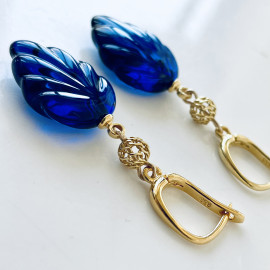 Blue Amber Earrings, Natural Amber Gold-Plated English Hooks