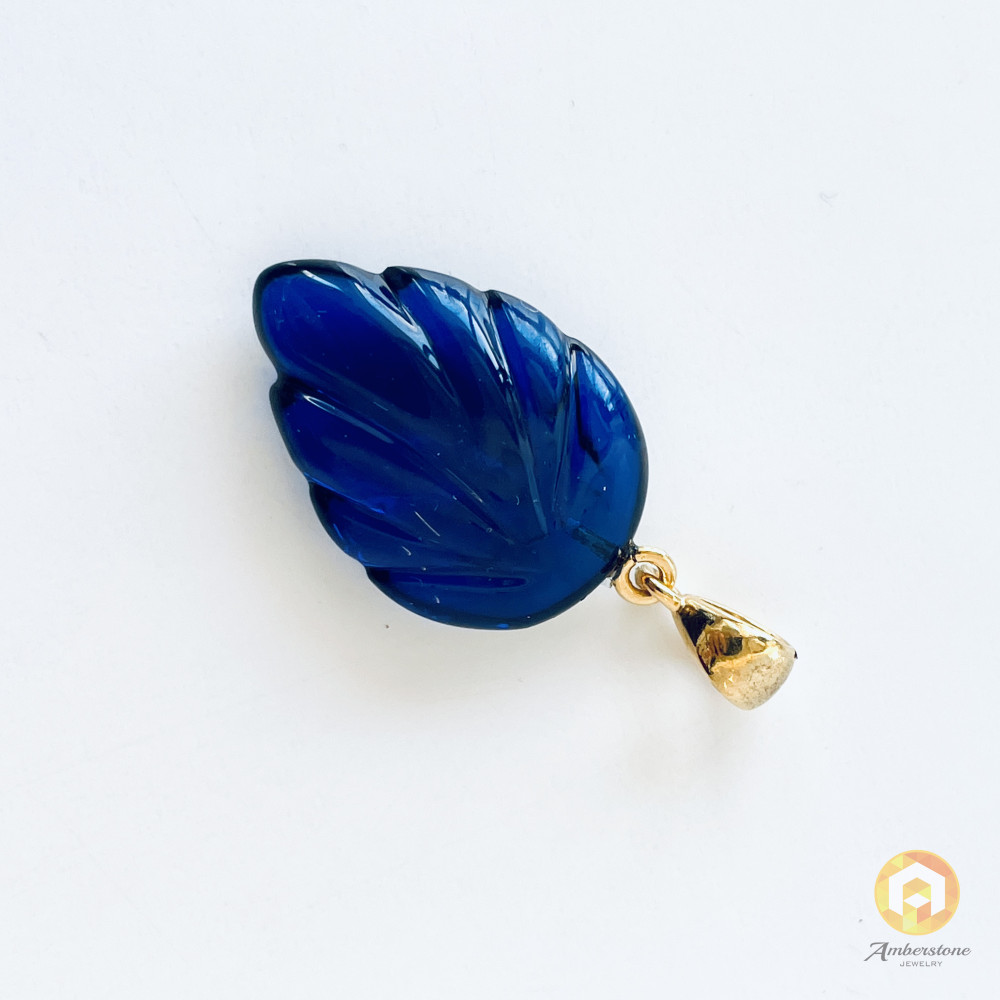Blue Amber Pendant, Natural Amber Gold-Plated 925 Silver Necklace