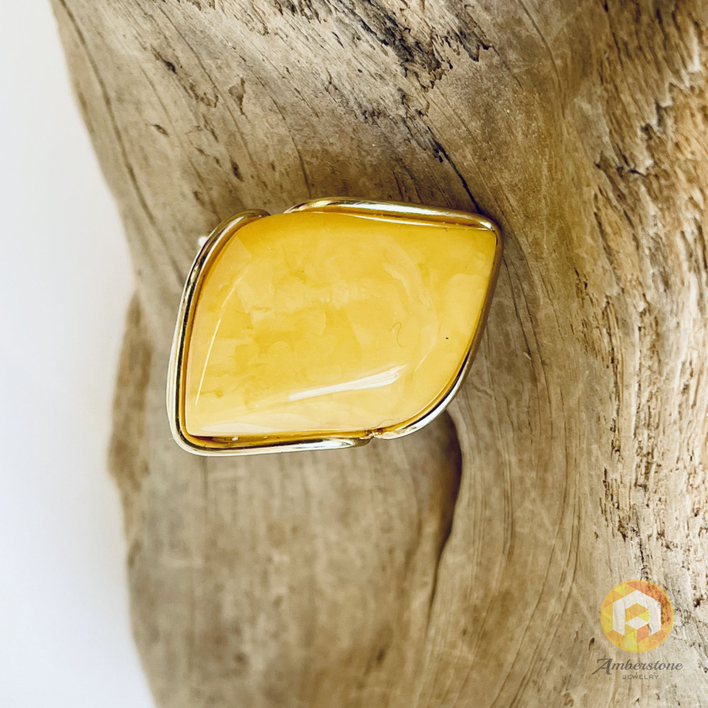 Natural Egg Yolk Baltic Amber Ring with Gold-plated 925 Silver