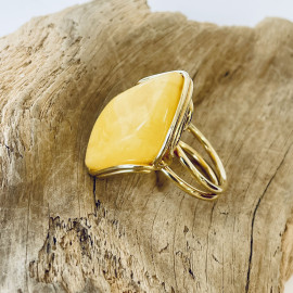 Natural Egg Yolk Baltic Amber Ring with Gold-plated 925 Silver