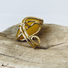 Yellow Natural Baltic Amber Ring with Gold-plated 925 Silver