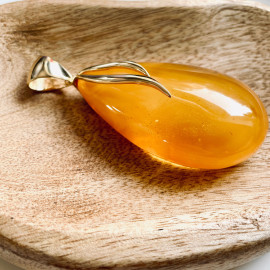 Big Yellow Baltic Amber Pendant, Teardrop Shape Gold-Plated Necklace