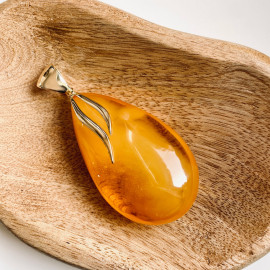 Big Yellow Baltic Amber Pendant, Teardrop Shape Gold-Plated Necklace