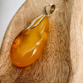 Big Yellow Baltic Amber Pendant, Teardrop Shape Gold-Plated Necklace