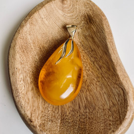 Big Yellow Baltic Amber Pendant, Teardrop Shape Gold-Plated Necklace