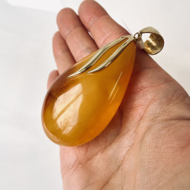 Big Yellow Baltic Amber Pendant, Teardrop Shape Gold-Plated Necklace