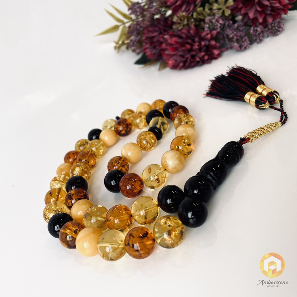 Multicolored Baltic Amber Misbaha Prayer, Cherry Red Cognac Baltic Amber Islamic Prayer