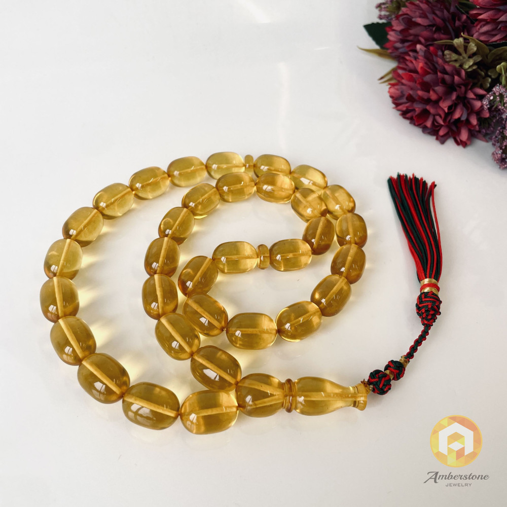 Clear Yellow Amber Misbaha, 33 Beads Barrel Shape Baltic Amber Tasbih