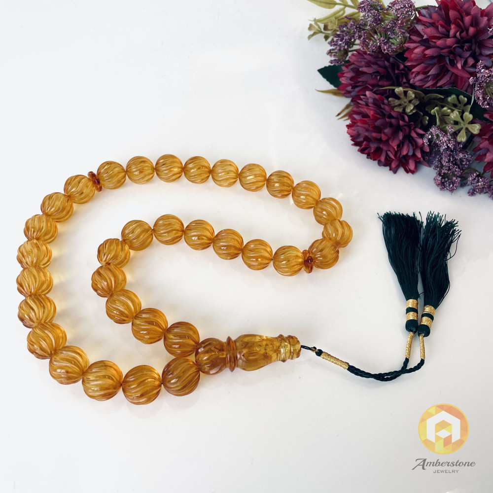 Light Cognac Baltic Amber Misbaha, Hand-Polished Natural Amber Round Beads