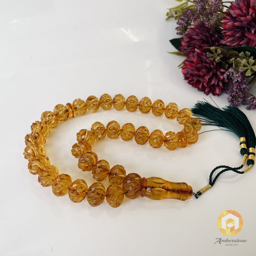 Hand-Polished Natural Amber Round Beads, Light Cognac Baltic Amber Misbaha