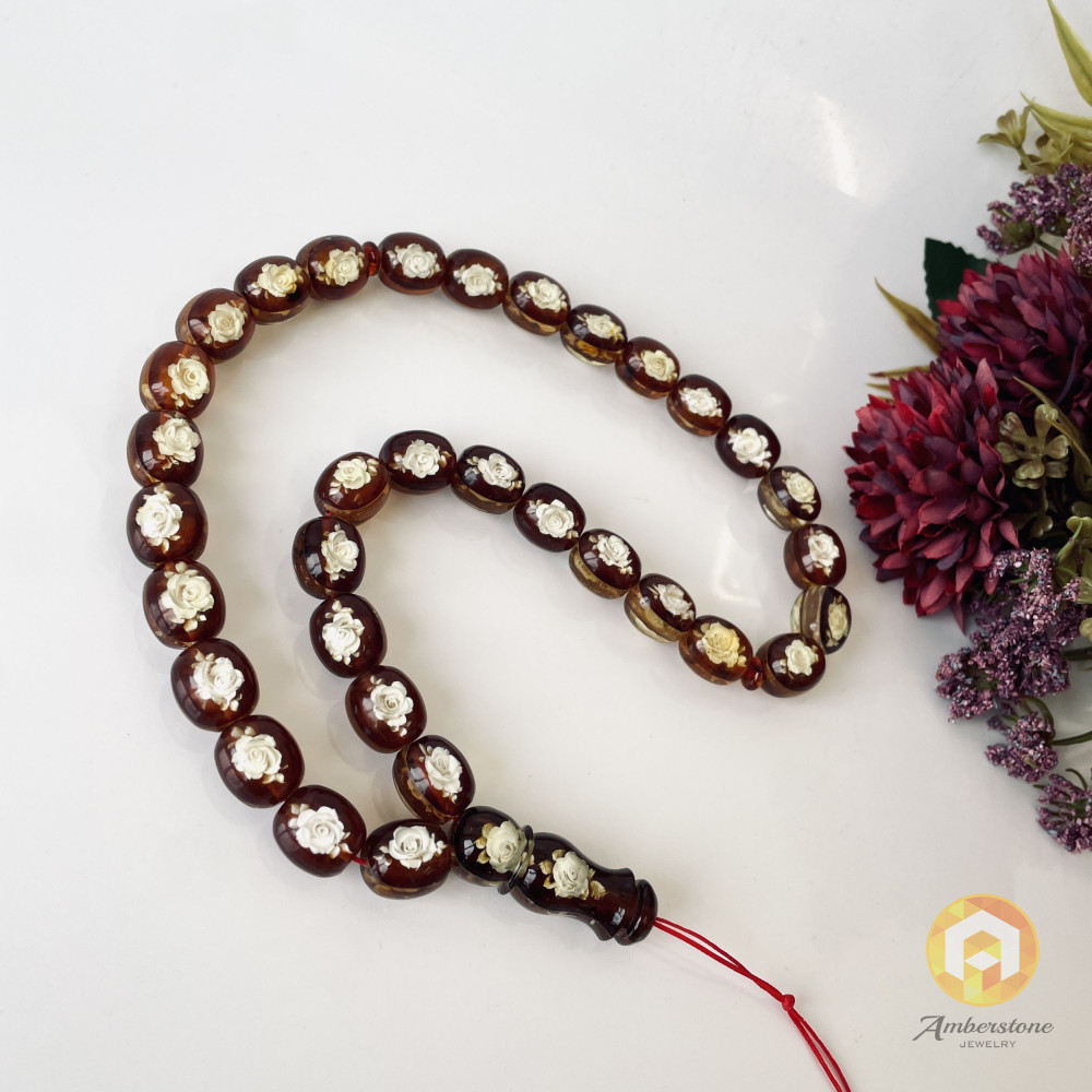 Hand Carved Rose Baltic Amber Tespih, 33 Beads Cherry Yellow Luxury Misbaha