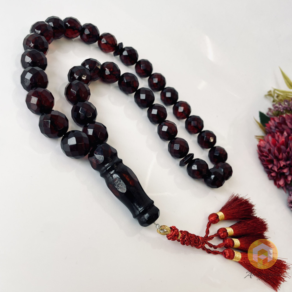Faceted Handmade Baltic Amber Tespih Cherry Yellow Color Misbaha, Handmade Diamond Cut Baltic Amber Rosary